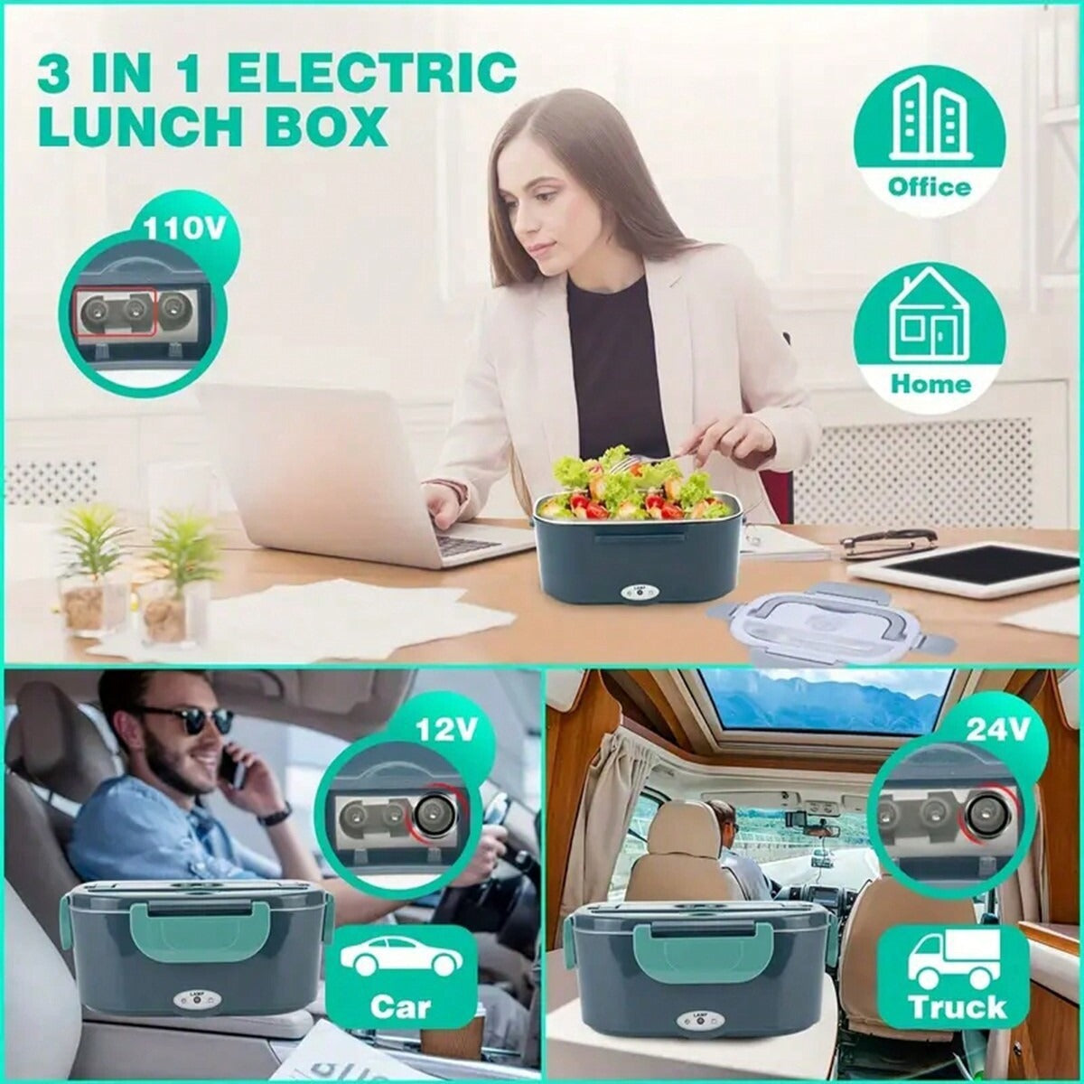 3-in-1 electric lunch box with usage scenarios at home, office, car, and truck.