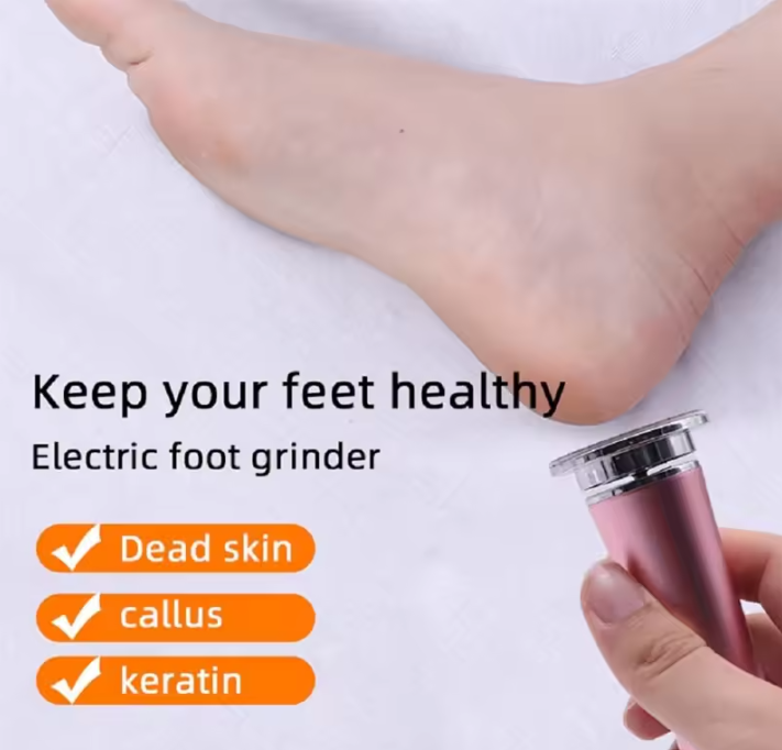 An electric foot grinder being used on a person's foot, shown over a white background with promotional text reading 'Keep your feet healthy' and listing skin, callus, and keratin benefits.