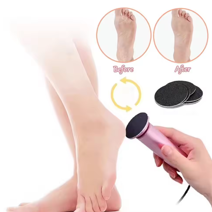 A hand holds a pink electric foot file against a person's bare foot, with before-and-after inset images showing foot shape improvement and three black sanding discs shown on the right.