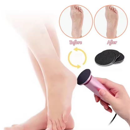A hand holds a pink electric foot file against a person's bare foot, with before-and-after inset images showing foot shape improvement and three black sanding discs shown on the right.