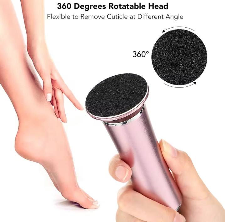A pink handheld foot care device with a black textured circular head is shown being held by a hand, with a second hand touching a foot. Text at the top reads '360 Degrees Rotatable Head' and 'Flexible to Remove Cuticle at Different Angle,' plus a circular inset showing the head from the side.